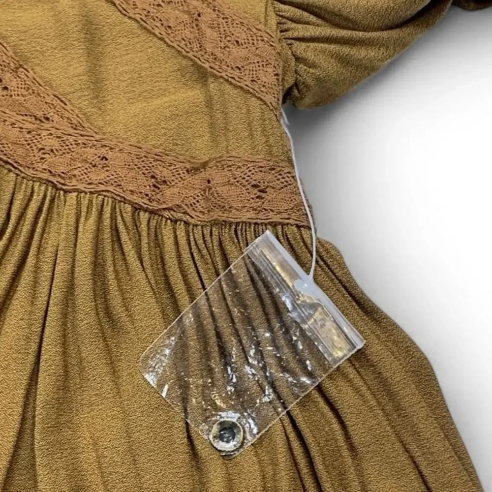 Free People Fairy Grunge Blouse XS Brown Gingersnap Lace Up Balloon Sleeve Top